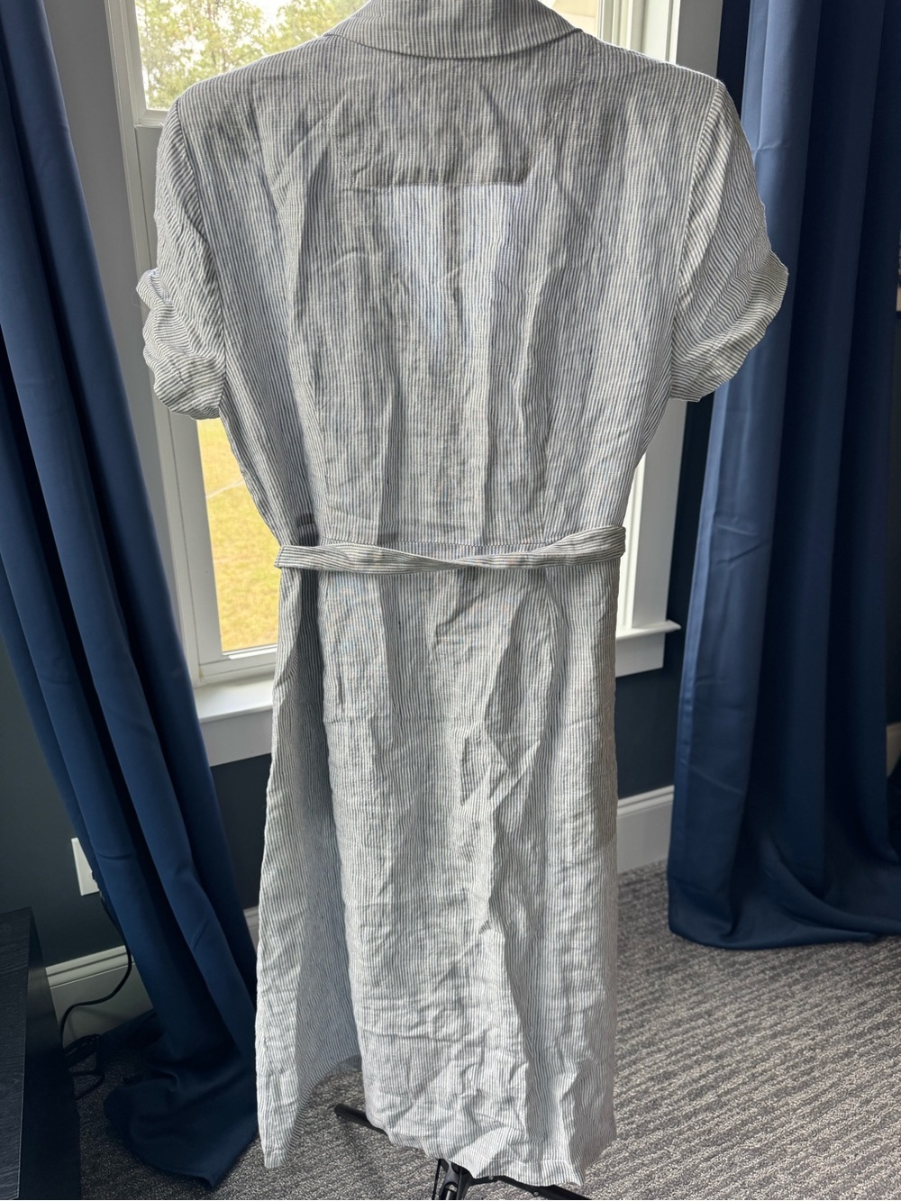 Quince 100% Linen Buttonfront Dress Blue Pinstripe Size Large - Picture 2 of 8